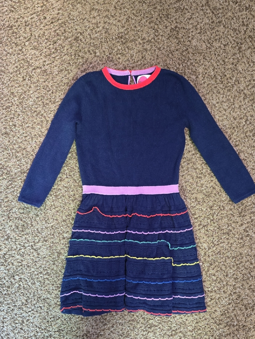 Girls' Navy Knit Dress with Rainbow Trim